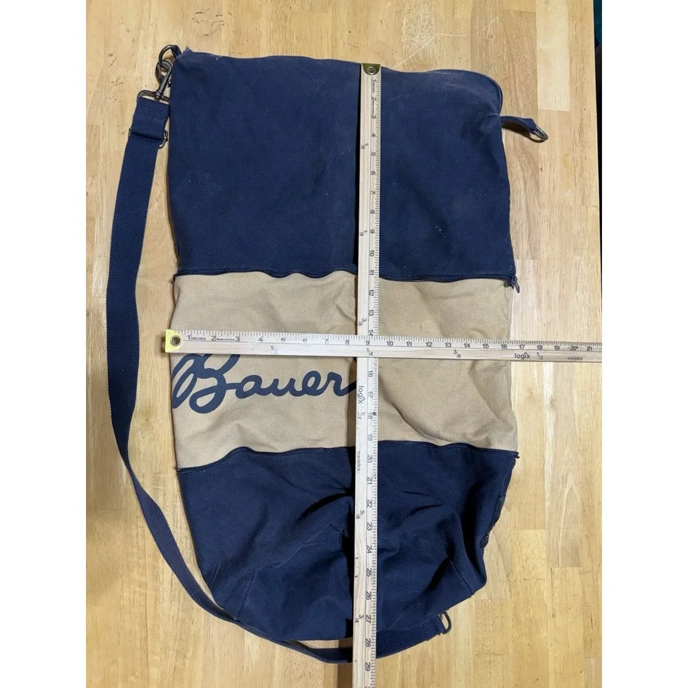 Vintage Eddie Bauer Expandable Laundry Bag Canvas Navy Tan Shoulder Strap 28x18